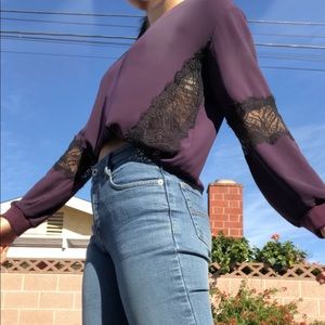 Eggplant Long Sleeve Blouse w/ Black Lace Details